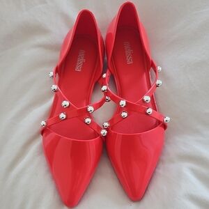 Melissa Women's Shiny Red Flats with Silver Accents